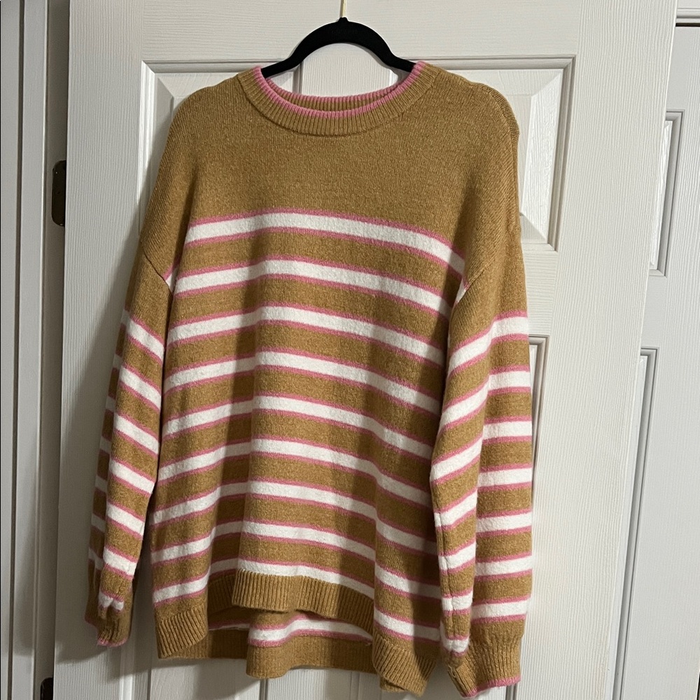 Crown & Ivy Oversized Brown White and Pink Striped Puff Sleeve Sweater Small